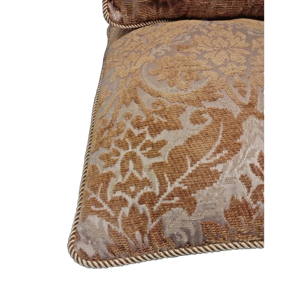 Set of 2 VTG Damask Throw Pillows Brown Gold Corded Trim 15x15 Jacquard Damask